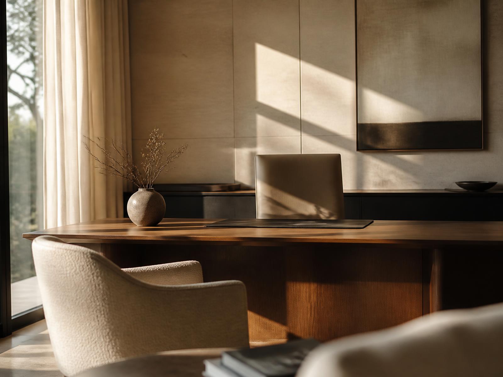 A quiet, sunlit executive office with a wooden desk and linen chair
